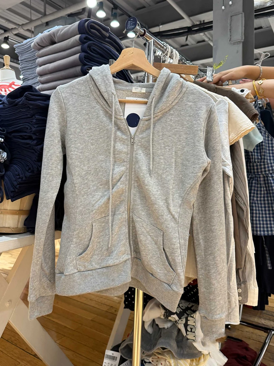 رمادي سليم سستة هوديس المرأة الخريف جديد شيك عادية الرباط هوديي القمم الملابس الحلو Preppy نمط بسيط بلوزات معطف