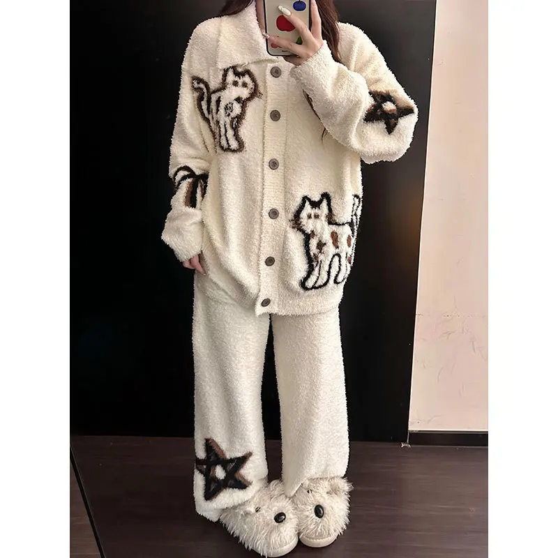 

2026 осенне-зимний полуфлисовый комплект с милым кошачьим принтом, утепленный флисовый вязаный кардиган + брюки, домашняя одежда, пижамный комплект из 2 предметов