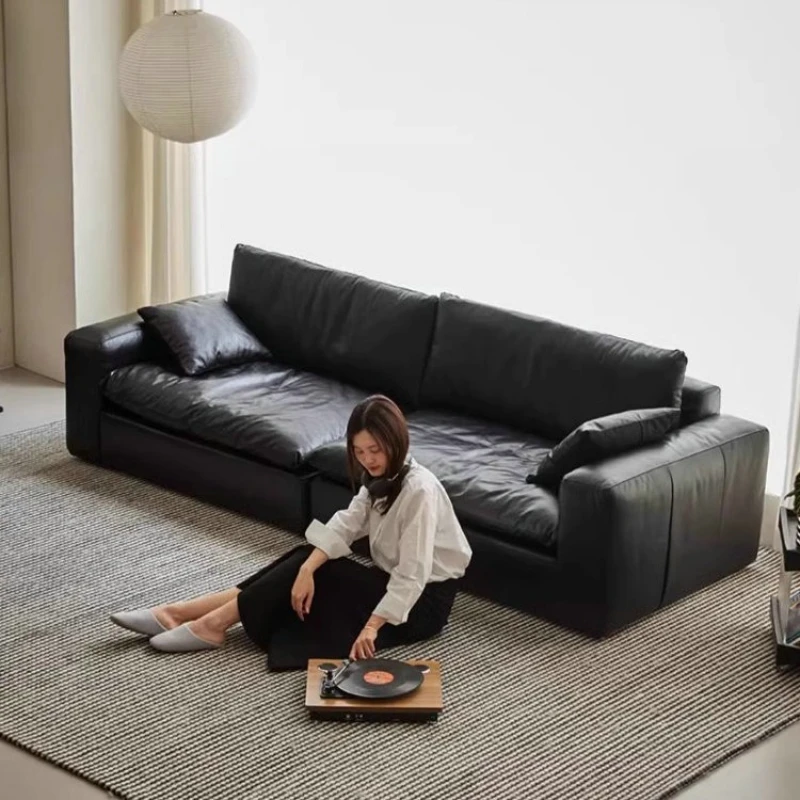 

Italian minimalist living room small apartment light luxury three-person combination first layer cowhide tofu sofa