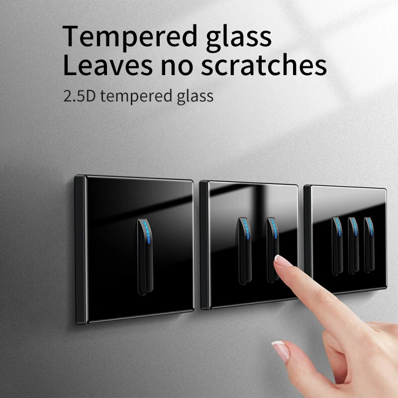 Black Wall Lamp Tempered Glass International Switch Self-Reset Led Indicator Light Piano Keys Wall Lamp Panel 1-4gang 1/2 Way