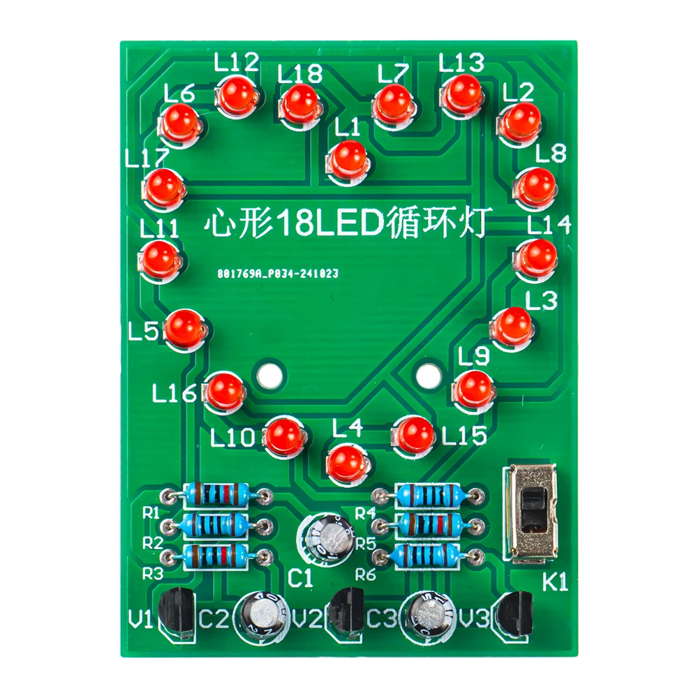 DIY Heart-Shaped LED Flowing Lights Electronic Kit 18 Red LED Light PCB Soldering Kit Circuit Board Module with Battery Box DC3V