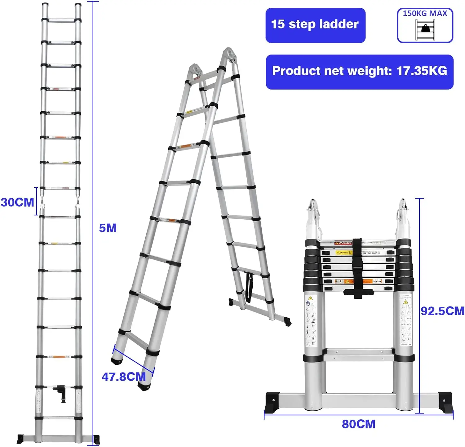 Échelle pliante télescopique polyvalente, échelle d'extension, cadre en A, barre stabilisatrice, capacité de 330lb, 5m