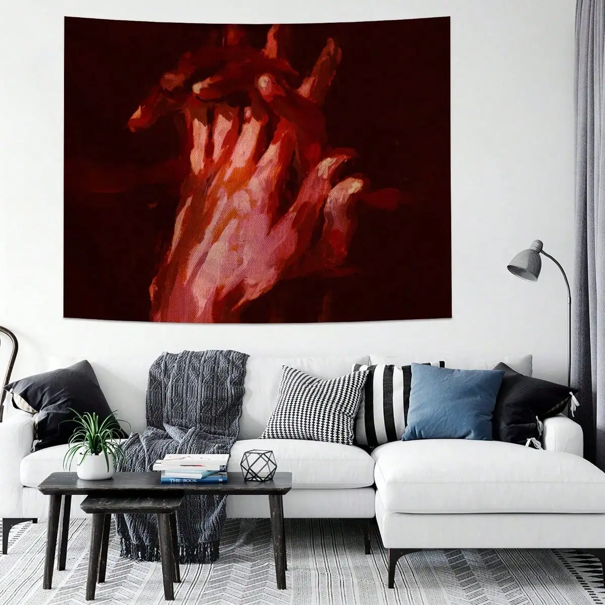 Abstract Hands Art Wall Tapestry Red and Dark Tone Painting Emotional Gesture Decor Modern Aesthetic Room Hanging Multiple Sizes