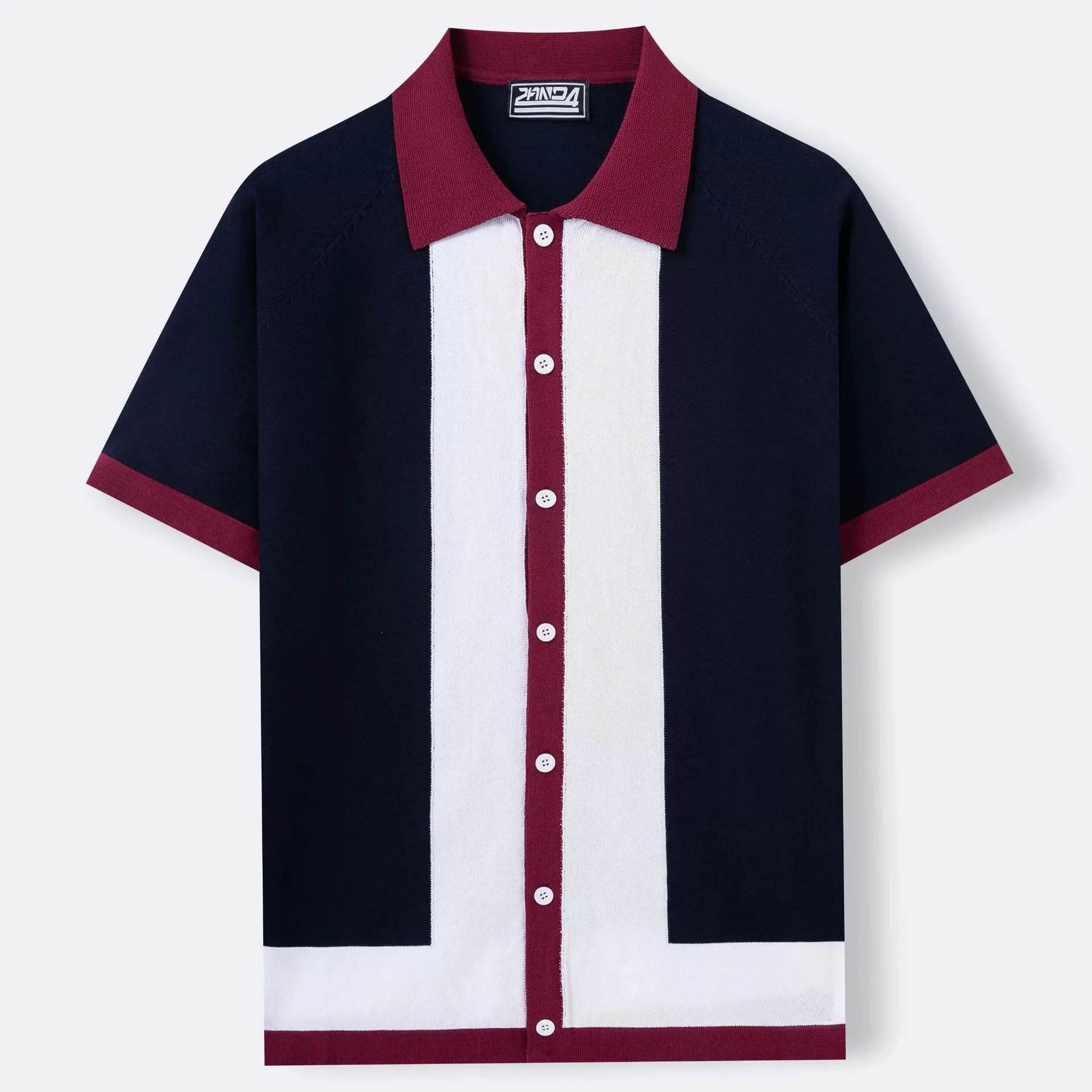 Men's single breasted patchwork elegant, fashionable, versatile, contrasting color knitted sweater men's casual polo shirt