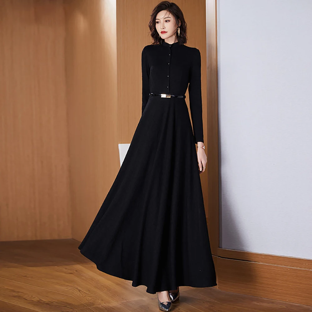 women's casual dresses Fashion Slim Luxury Evening Dresses Classic Hepburn style Long sleeved Stand Collar Female Long dress
