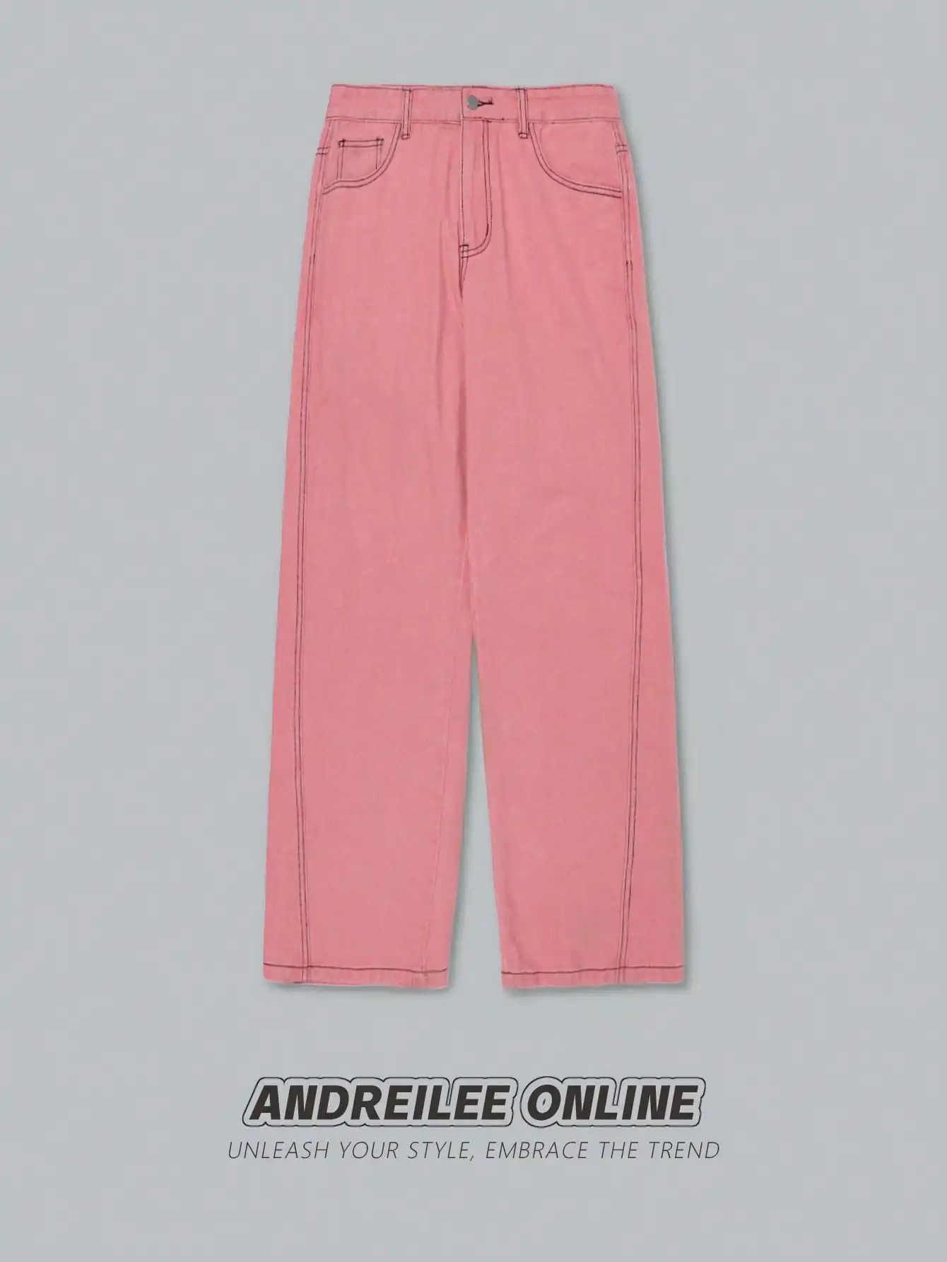 Spring and Autumn Men's and Women's High Street Sweet Cool Pink Loose Versatile Denim Straight-Leg Pants Fashion Versatile Long Pants