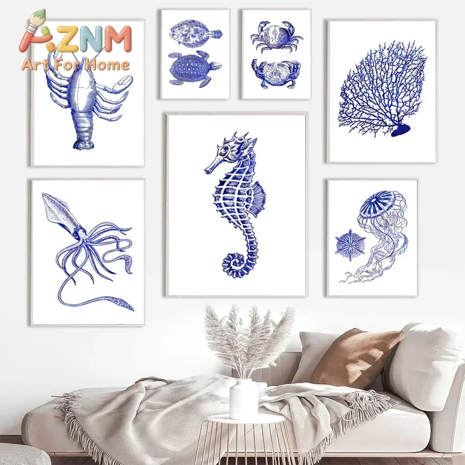 AZNM Blue Sketch Sea Creature Canvas Wall Art Seahorse Crab Lobster Shell Marine Art Print Unframed Canvas Poster for Coastal Ho