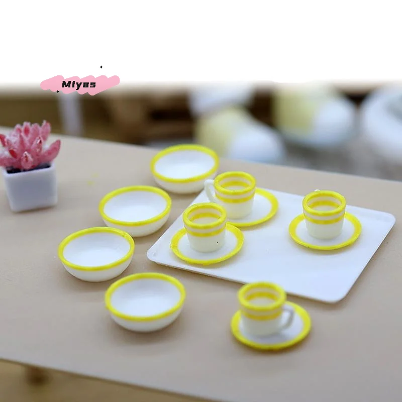 13Pcs Dollhouse Miniature Tableware Set with Tray 4 Cups 4 Dishes 4 Plates Simulation Mini Food Kitchenware for Doll House Acces