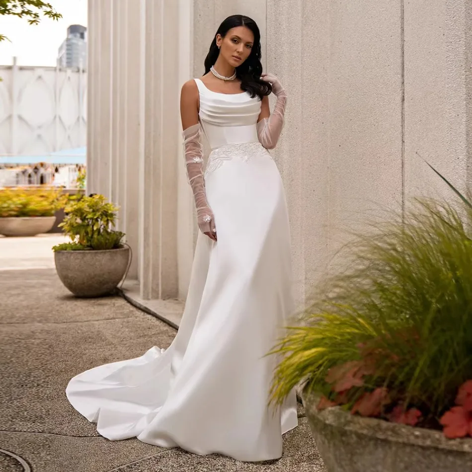 Satin Wedding Dress Square Neck Tulle Gloves Mermaid Bridal Gowns Lace Waist Detail Sweep Train Bride Vestido De Noiva Vintage