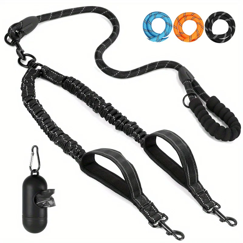 

Double Dog Leash Tangle Free Extendable Leash For 2 Dogs Elastic Rope For Running Walking Reflective Lead Black Blue