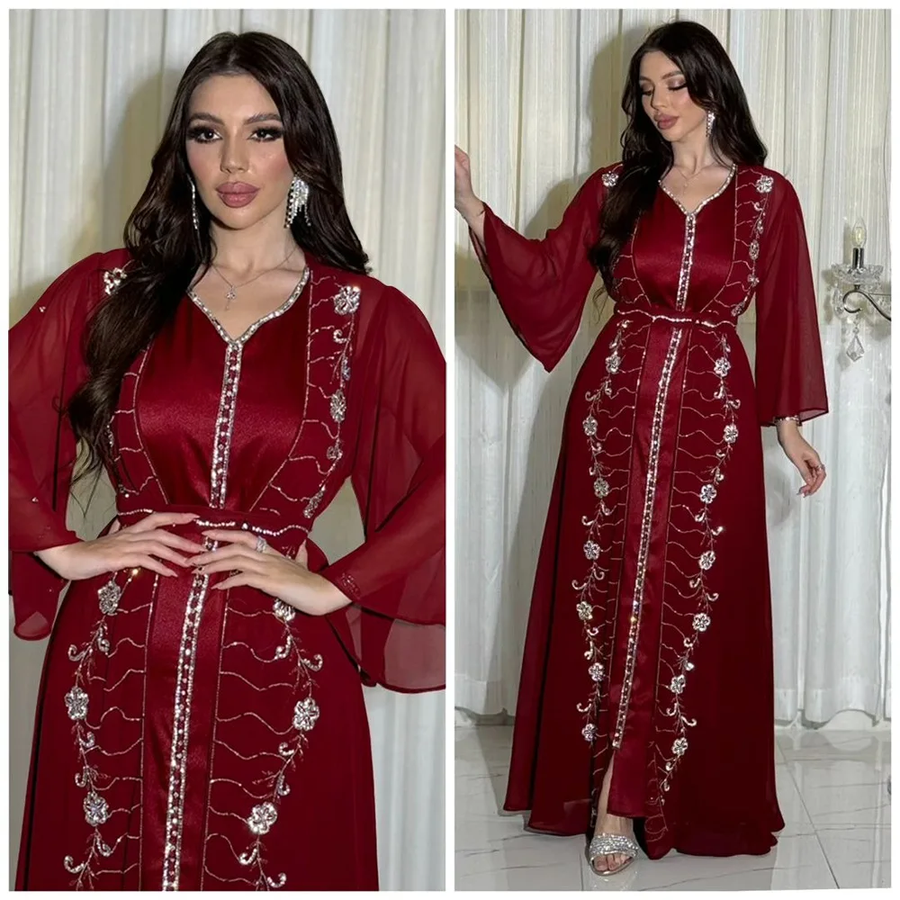 Ramadan Muslim Women Diamonds Kimono Jalabiya Abaya Long Dress Set 2PCS Dubai Kaftan Turkey Robe Eid Djellaba Marocain Gown Suit