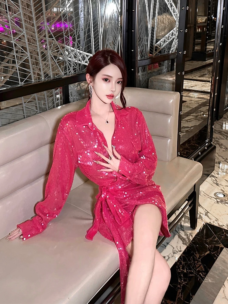 

Elegant Shirt Dress Women's New Design Heavy Work Sequin Luxury Beautiful Skirt High Waist Polyester Fiber Long Sleeve