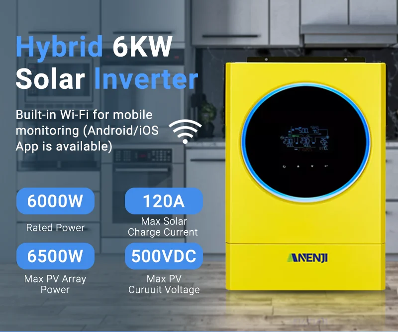 ANENJI 6KW 48V Hybrid-Solarwechselrichter, parallel schaltbar, MPPT 120A Solarladegerät, PV-Eingang 6000W 500VDC, LED-Ringlichter für Solarpanel – Detail 1