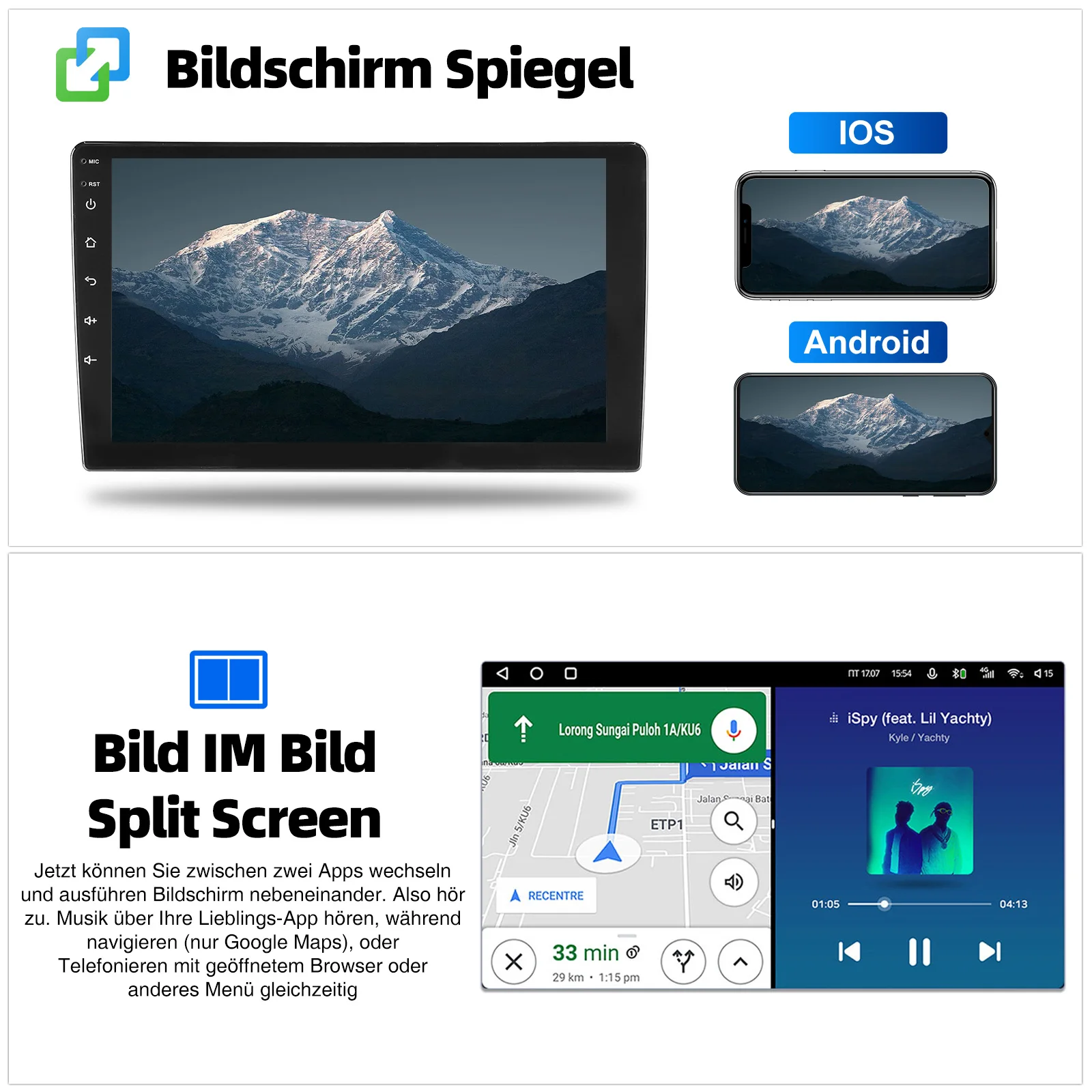 ESSGOO Autoradio 7"/9"/10" 2 DIN 8-Kern Android14 6+128 GB Kabelloses CarPlay Android Auto GPS-Navigation Bluetooth AM FM RDS WiFi QLED Touchscreen 4G LTE Mirror Link Lenkradsteuerung – Detail 15