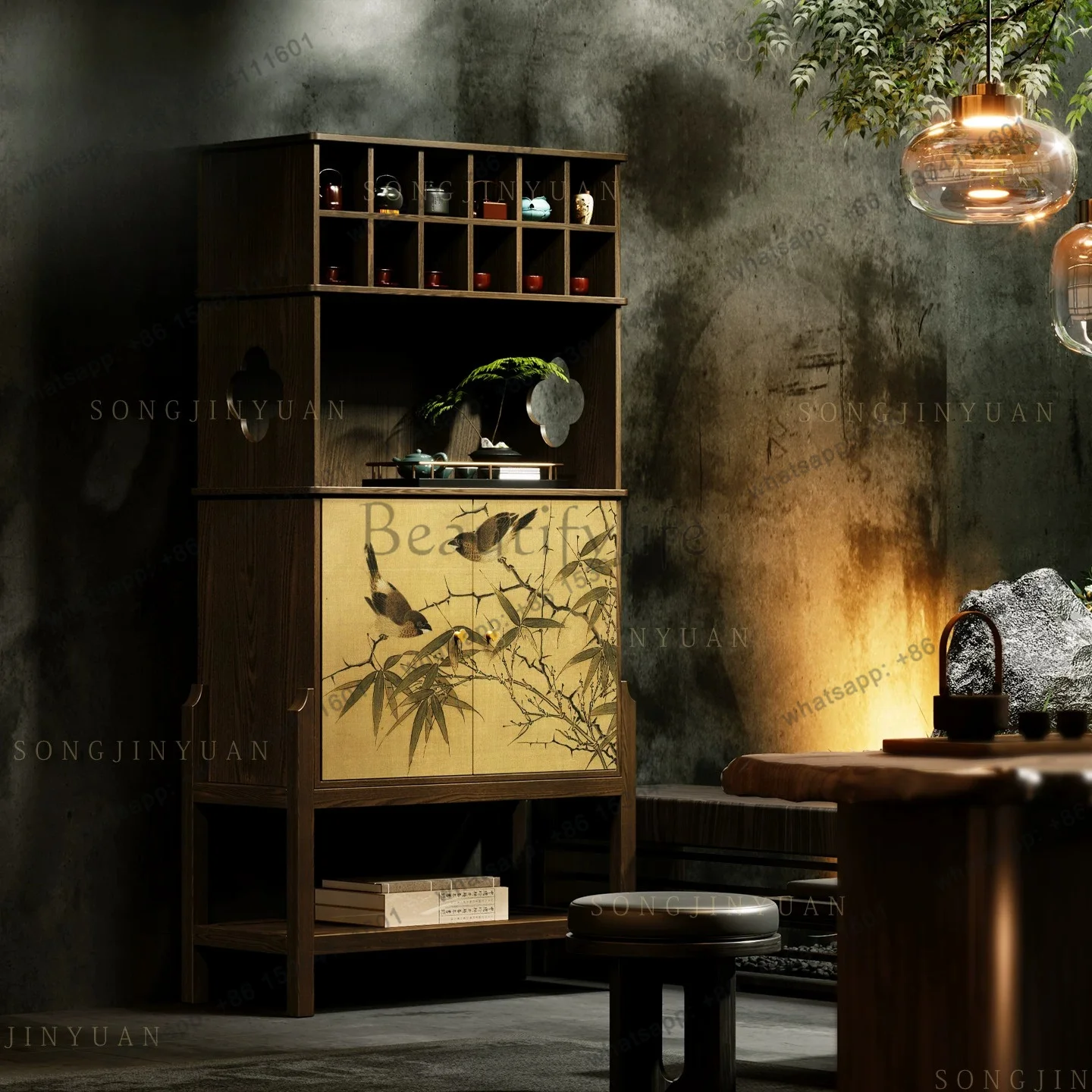 LX bamboo branch bird tea solid wood study vertical cabinet storage decorative side cabinet