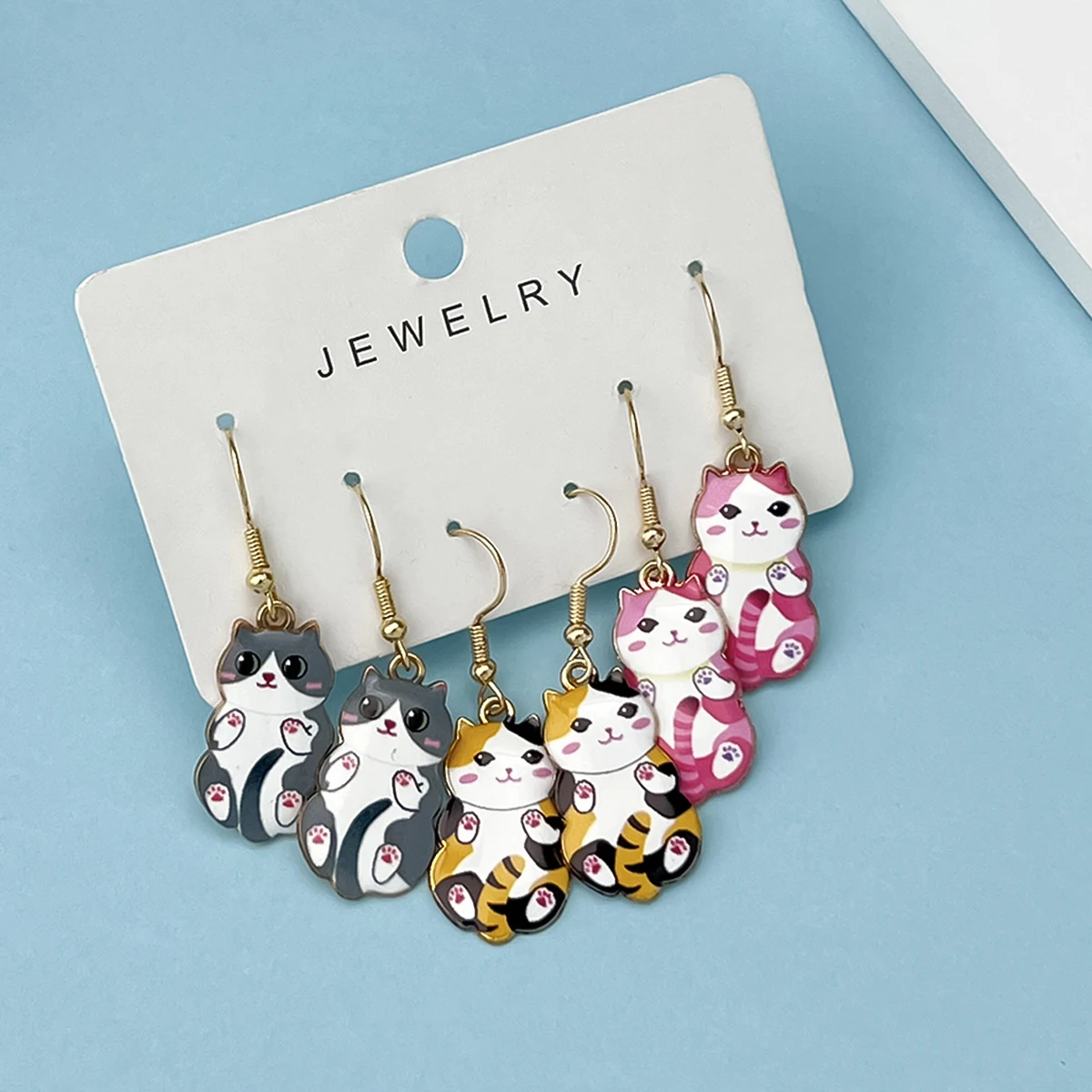 3Pairs/Set New Fun and Cute Enamel Alloy Cat Dangle Earrings Cartoon Style Colored Cat Ear Jewelry Set Gift For Women Girls