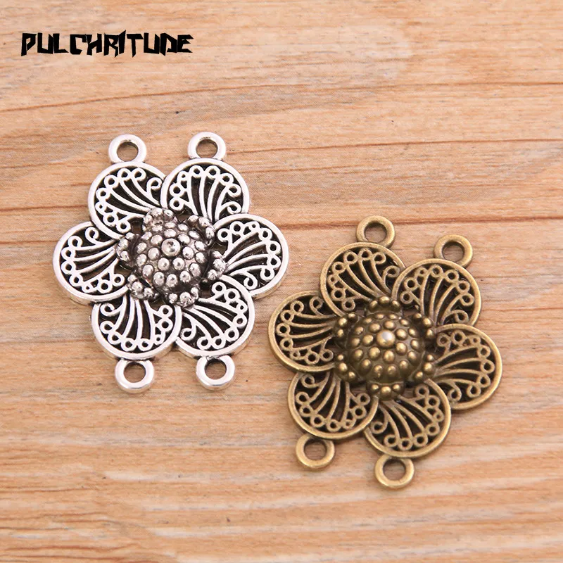 PULCHRITUDE 6pcs 28*33mm New Product Two Color Zinc Alloy Hollow Flower Porous Connectors Jewelry Making DIY Handmade Craft