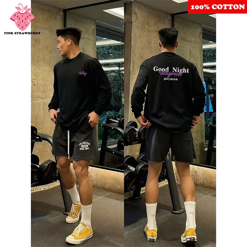 

Fashion Street Letter Print T-shirt Men Autumn 2025 New 100% Cotton Black Long sleeves Sports Gym T-shirt Y2k Tops Male clothing