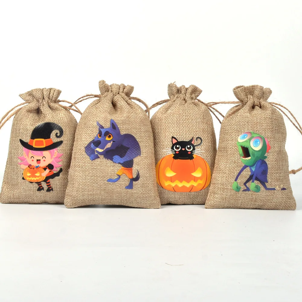 20pcs/Lot Drawstring Linen Bags Children's Pouches Candy Cookie Chocolate Packaging Night Reflective Luminous Halloween Bags