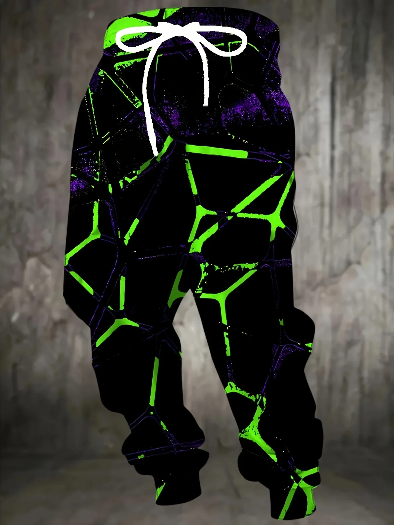 Fashionable Men's 3D Color Green Pattern Printed Sports Pants with Drawstring, Suitable for Home Casual Wear