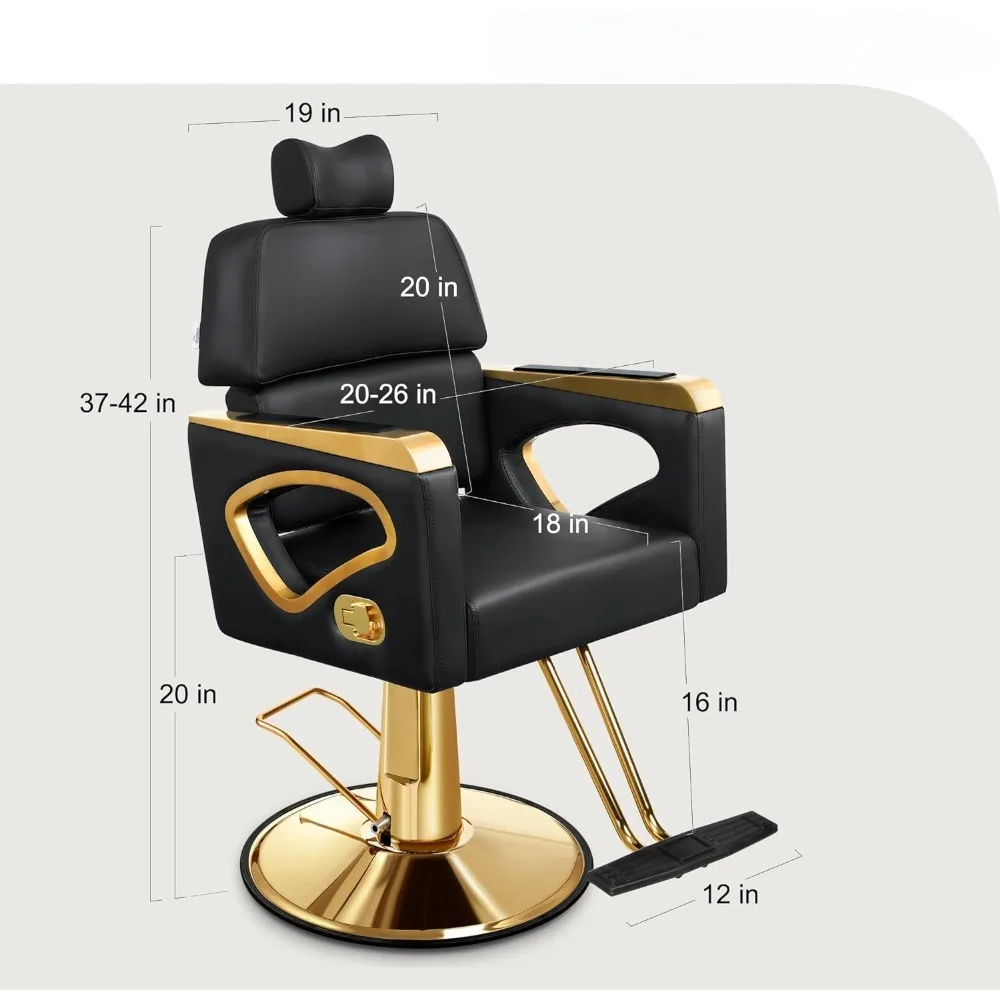 Cadeira de salão profissional reclinável com encosto de cabeça removível, cadeira de barbeiro dourada resistente com estrutura de aço premium, peso 440 libras