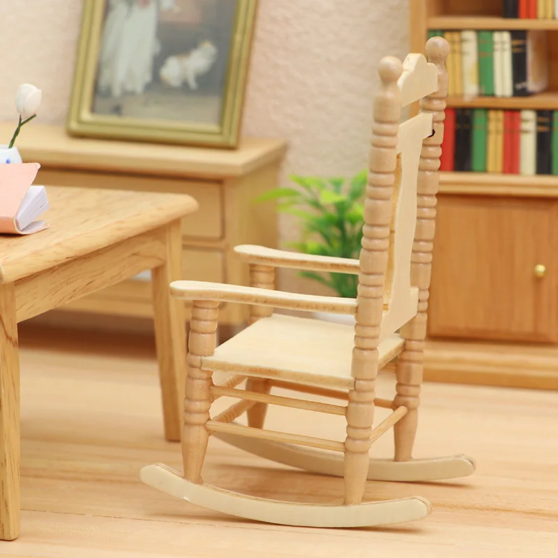 3picecs 1:12 Scale Dollhouse Miniature Furniture - European Vintage Solid Wood Rocking Chair with Armrests