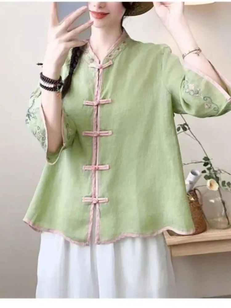 Summer New Retro Tops Contrasting Color Cotton and Linen Embroidered Ethnic Wind Blouse Flared Sleeve Cardigan shirt for Women view 6