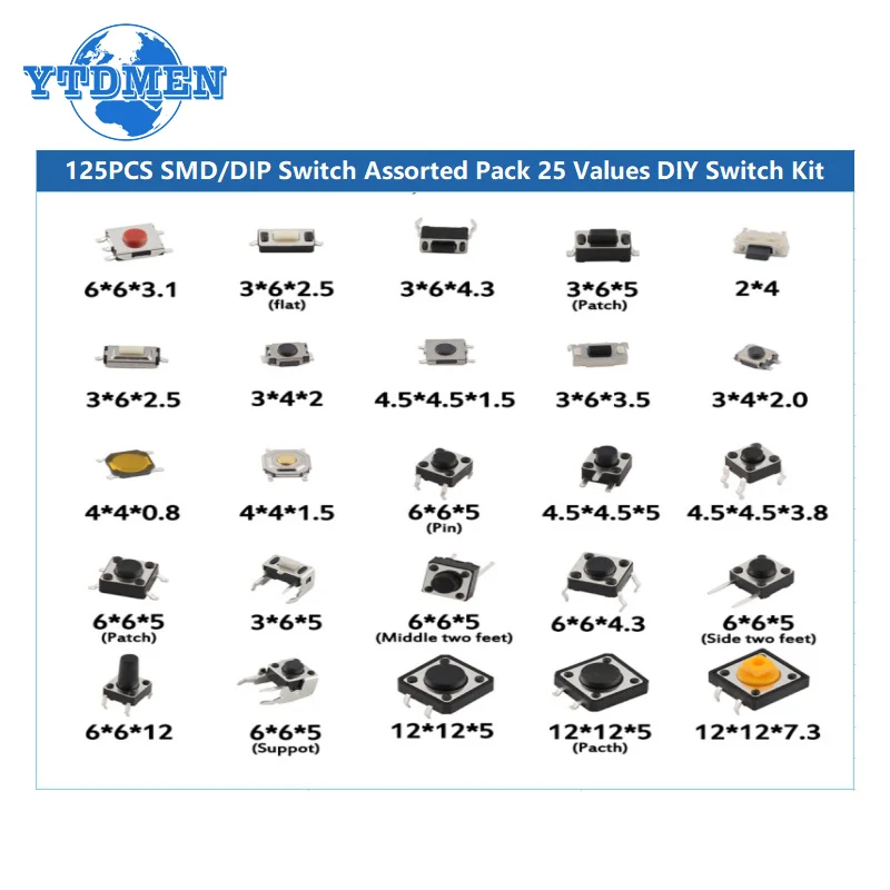 125 Stück 25 Werte Takt Druckknopf schalter Dip-SMD-Mikrosc halter Mikro-Drucktasten Touch-Komponenten-Kit, für TV-Spielzeug für den Heimgebrauch