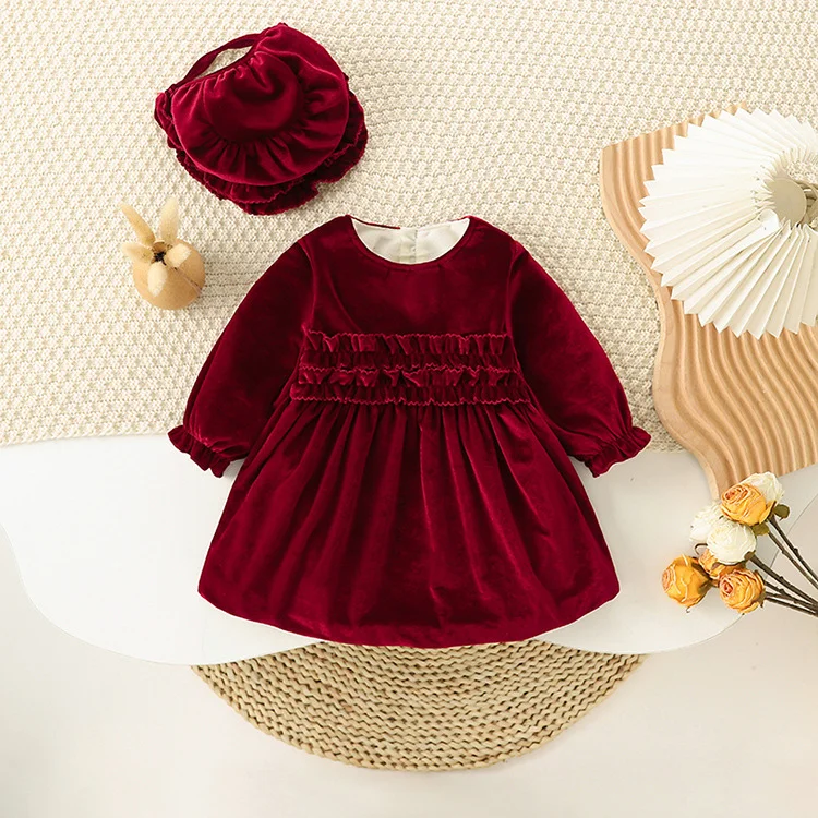REd Baby Long-Sleeved velvet Clothes Spring And Autumn Western Style Newyear Clothes Princess Dress For Girls 2 3 4 5year