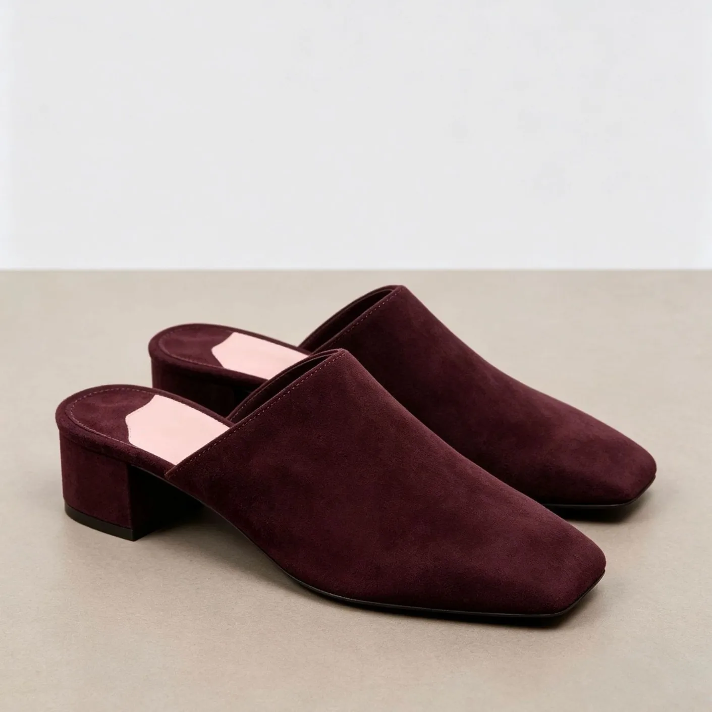 New Autumn Women's Burgundy Suede Mules Slippers Square Toe Block Heel Slip On Backless Loafers Casual Daily Dress Slippers