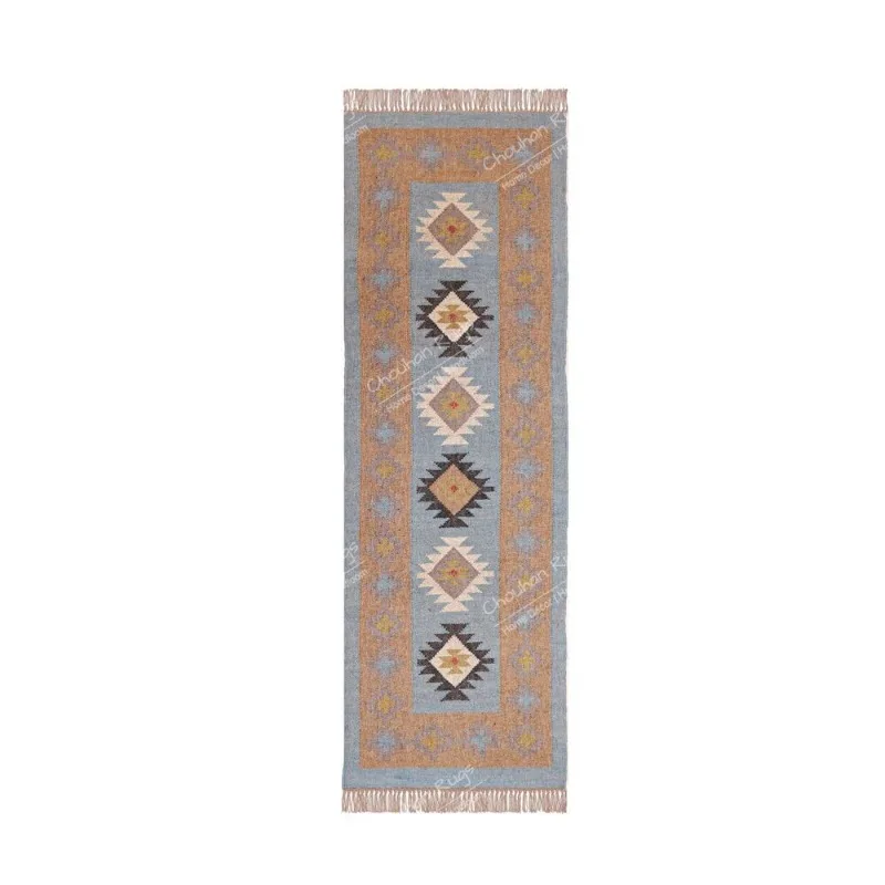 Traditional Hand Woven Indian Village Art Wool Jute Runner Rug Large Area Rugs