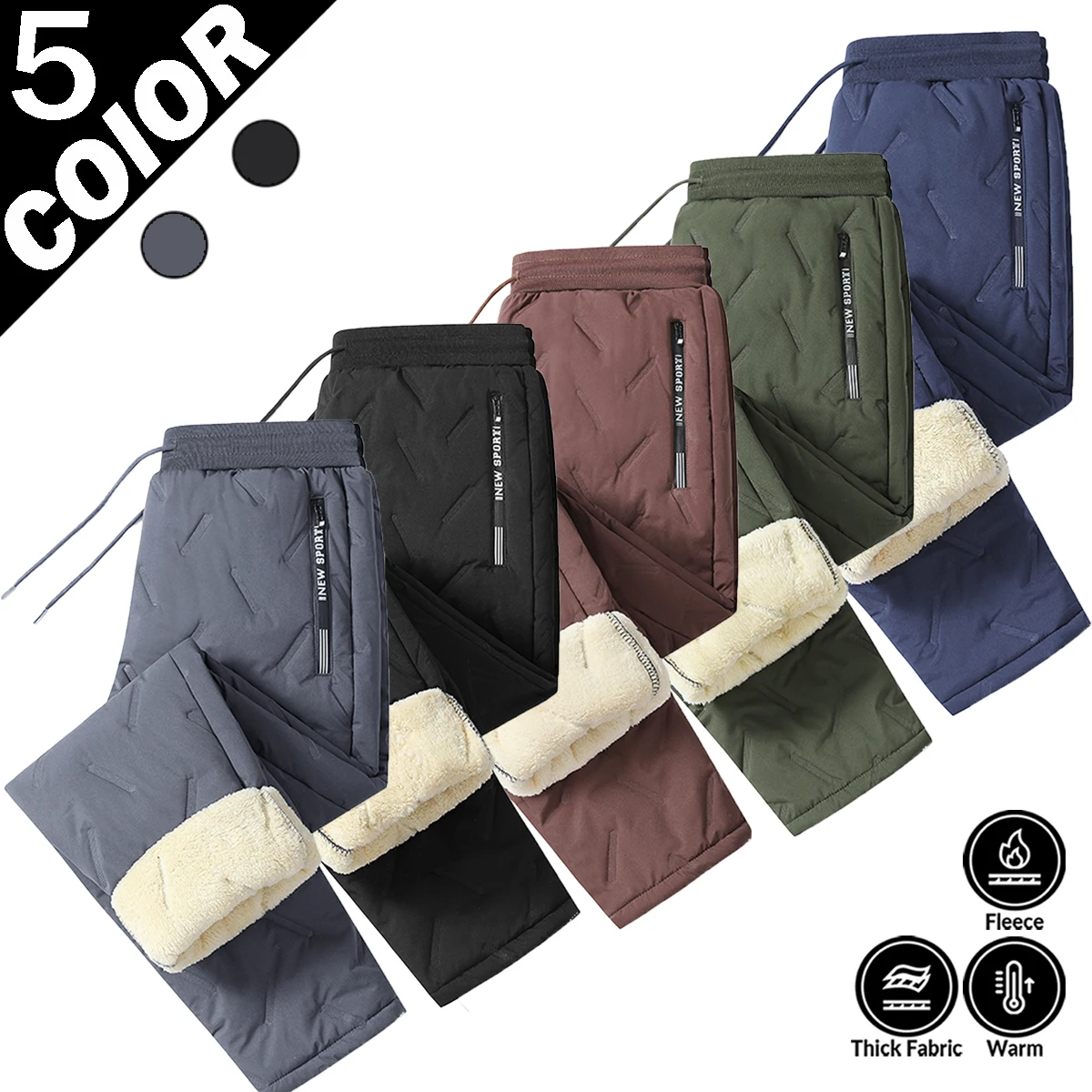 Men Winter Lamb Fleece Lined Quilted Pants Elastic Waist Drawstring Thermal Warm Casual Trousers With Zipper Pockets