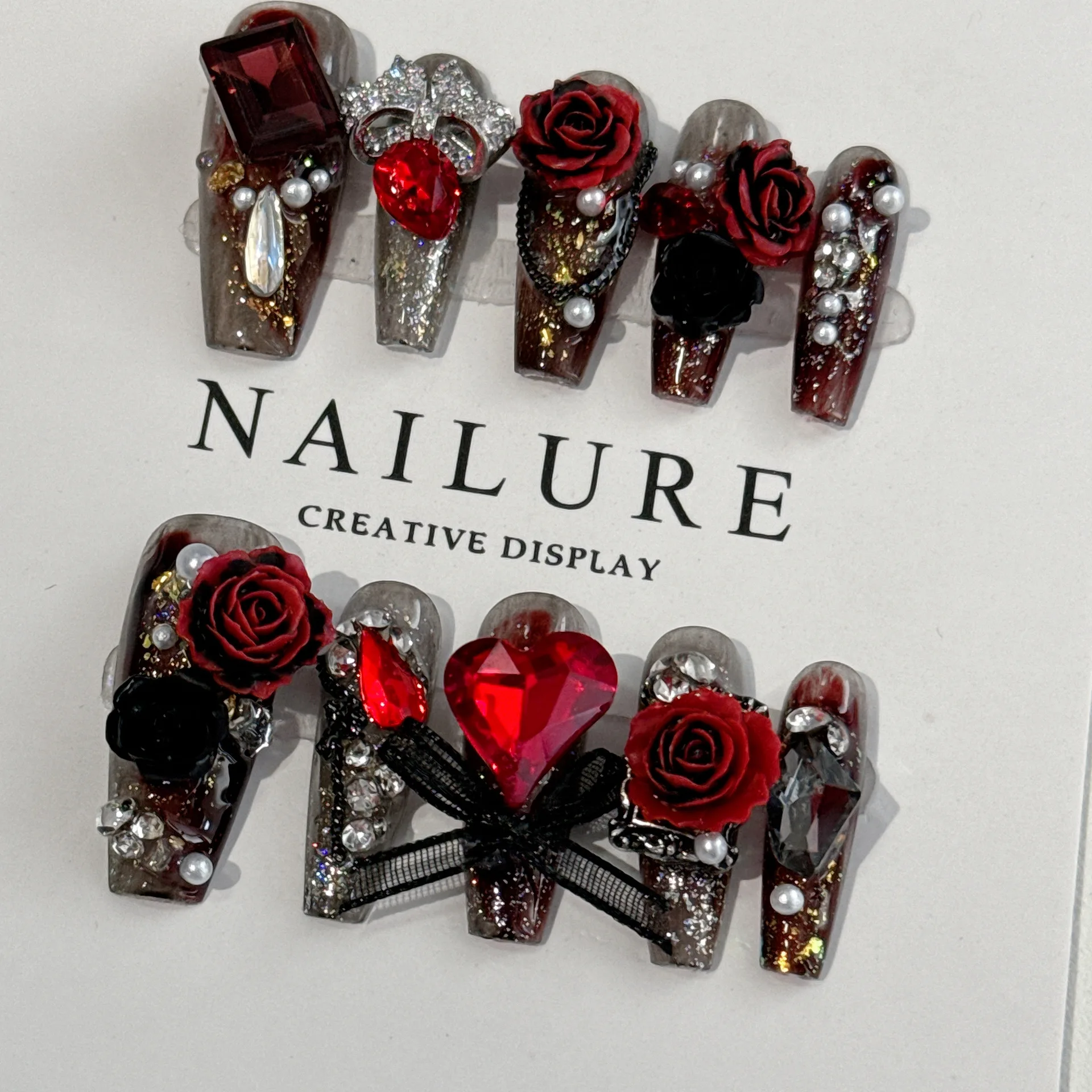 Black and Red Rose Nourishing Light Luxury Heavy Industry Full Diamond Bow Nail Patch Finished Product