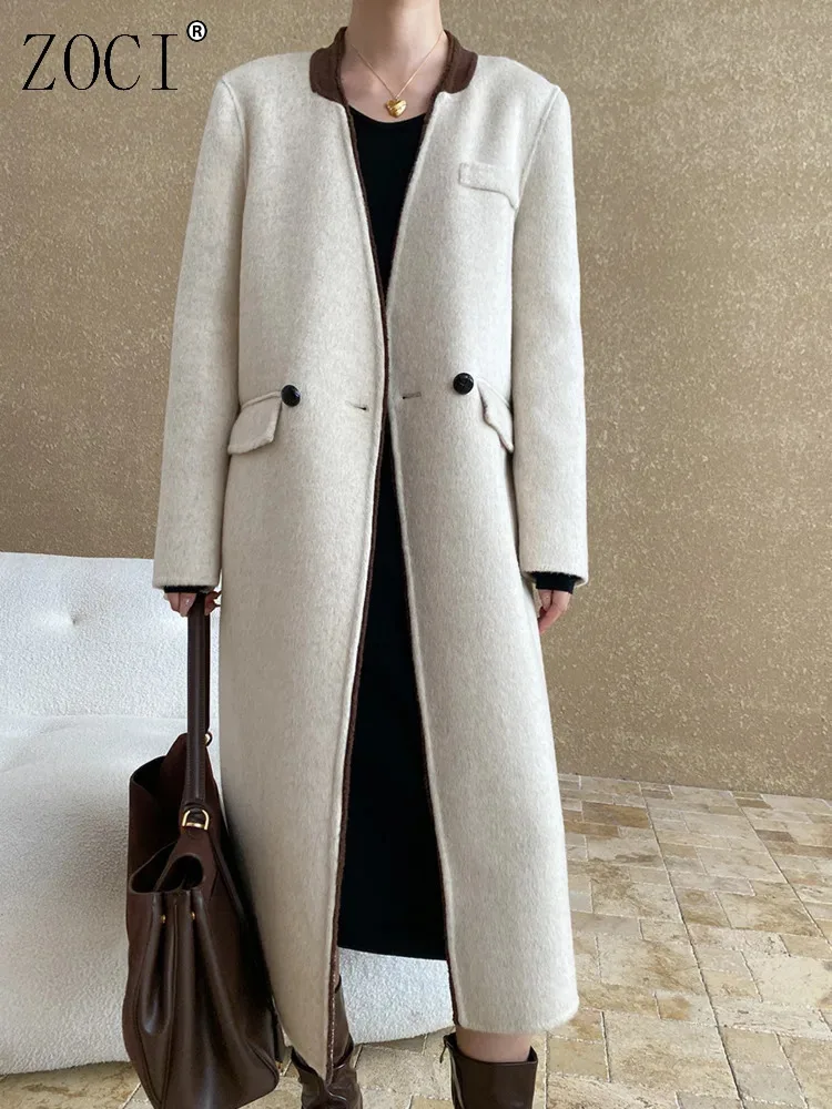 

ZOCI Elgelant Women's Double Woolen Coat 2024 Autumn Winter New Versatile V-neck Long Sleeves Block Color Coats Female FC1207
