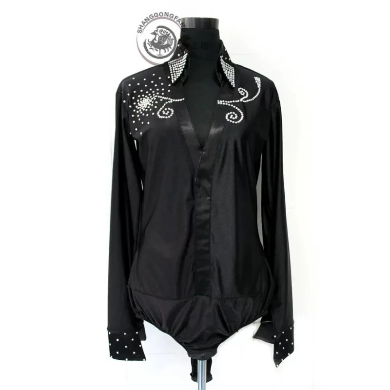 Roupas de dança padrão pretas masculinas, novo estilo, broca brilhante, performances avançadas, salão de baile latino, valsa, dança de flamenco, collant