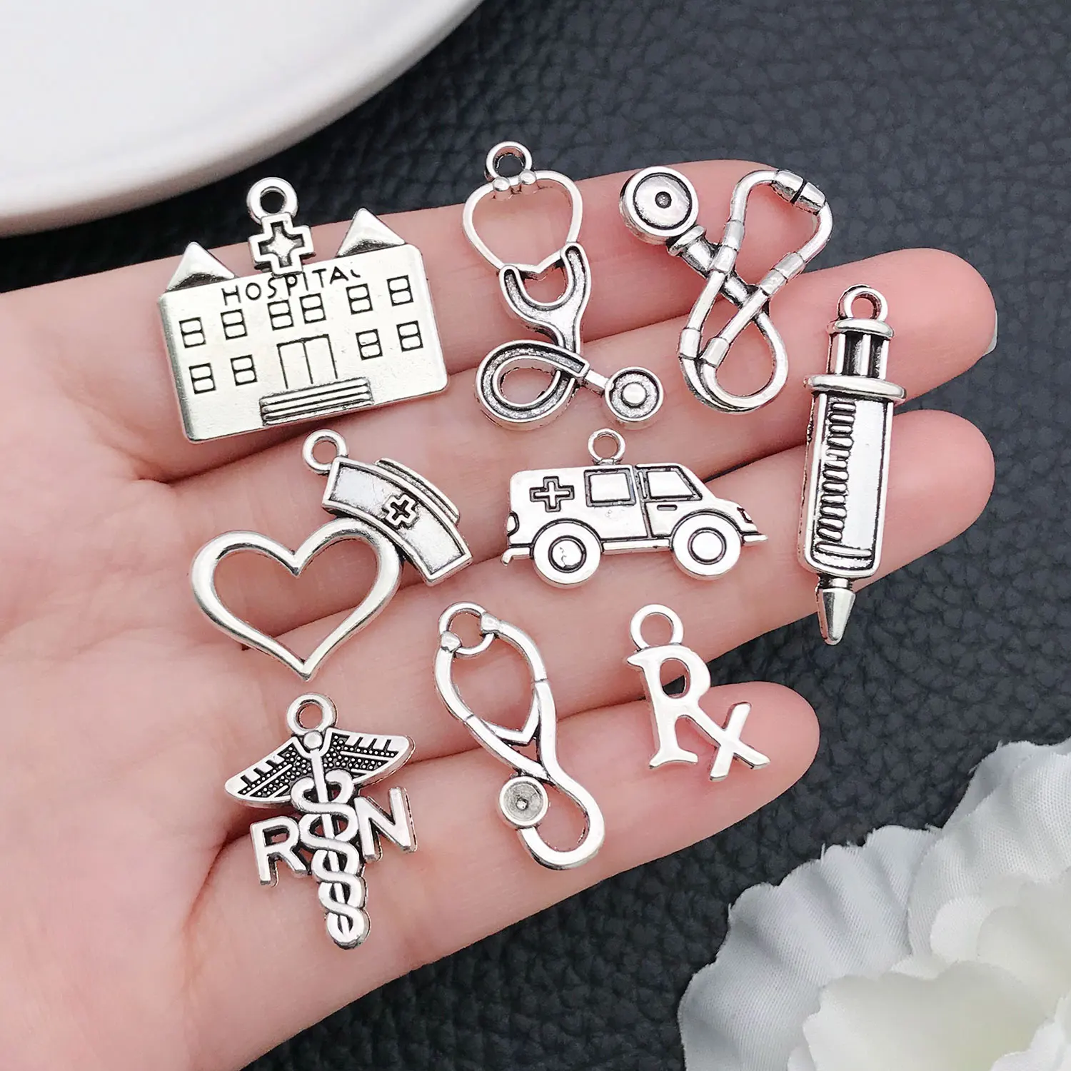 21pcs Antique Silver Medical Charms - Nurse Cap, Stethoscope & Medical Symbol Zinc Alloy Pendants for DIY Bracelet Necklace Jewe