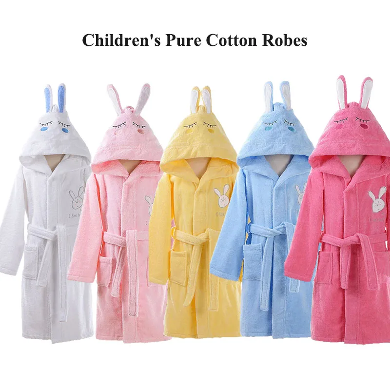 100% Cotton Children Hooded Bathrobe Cartoon Rabbit Cute Soft Warm Solid Belted Robes for Kids