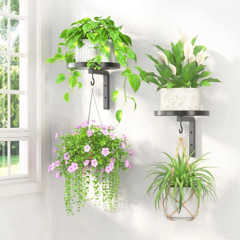 Metal Wall-Mounted Flower Pot Rack Single-Piece Indoor Outdoor Universal Stand with Hook Modern Simple Design for Plant Display