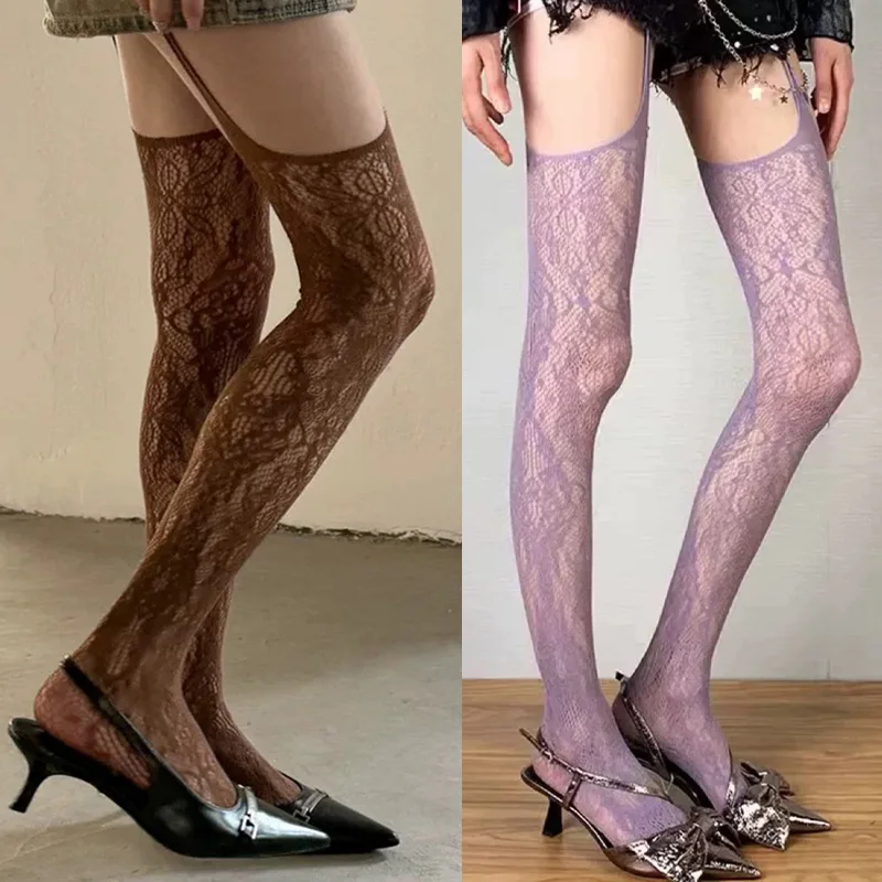 

New Black White Hollow Out Mesh Thigh High Socks Women Sexy Lace Floral Pattern Fishnet Stockings with Suspender Lolita Hosiery