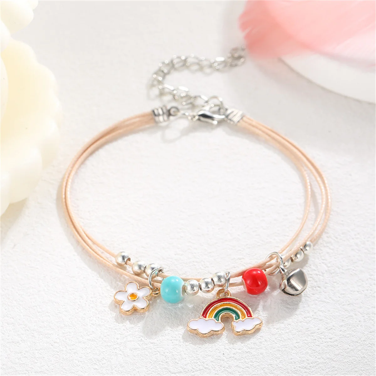 Cute Cartoon Flower Rainbow Bells Ceramic Beads Bracelets For Women Girls Hand-Wowen Lovely Peach Star Bracelet Party Jewelry