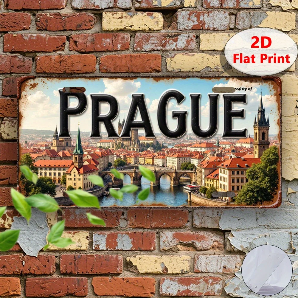 2D Flat, 1pc, Vintage  Sign, Decorative Plaque, Prague bridge, Czech Republic Retro Metal Decor, Only for Decoration