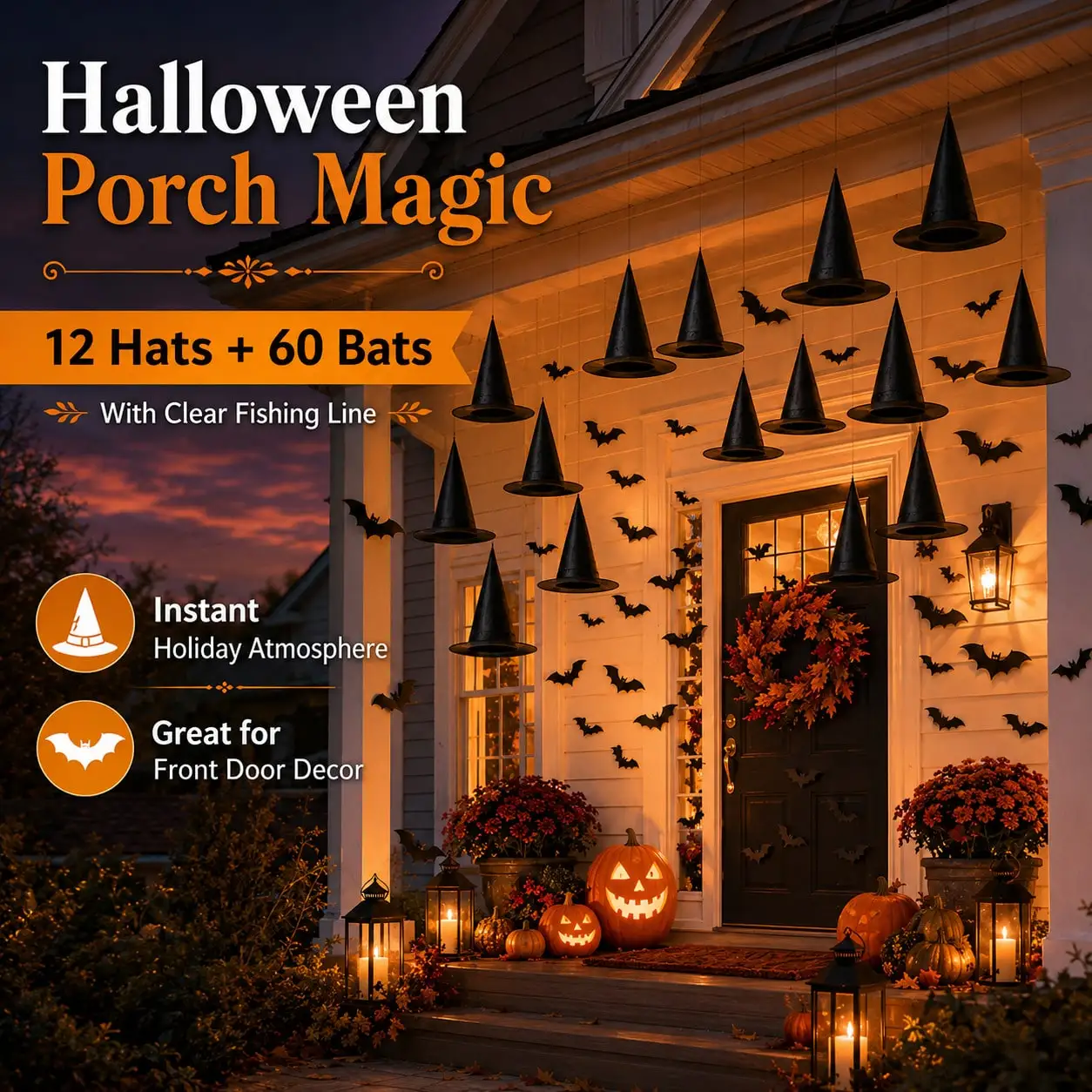 Halloween Witch Hat And Bat Hanging Decor Kit, 12 Black Witch Hats, 60 Assorted Bat Cutouts With Clear Fishing Line, Spooky Indoor Outdoor Party Decorations