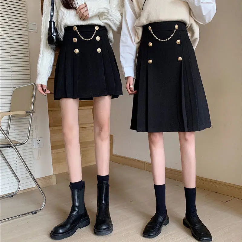 Pleated Skirts Woolen Button High Waist Korean Chic Women Y2K College Wind Mini Skirts Female All-Match A-Line Short Skirt