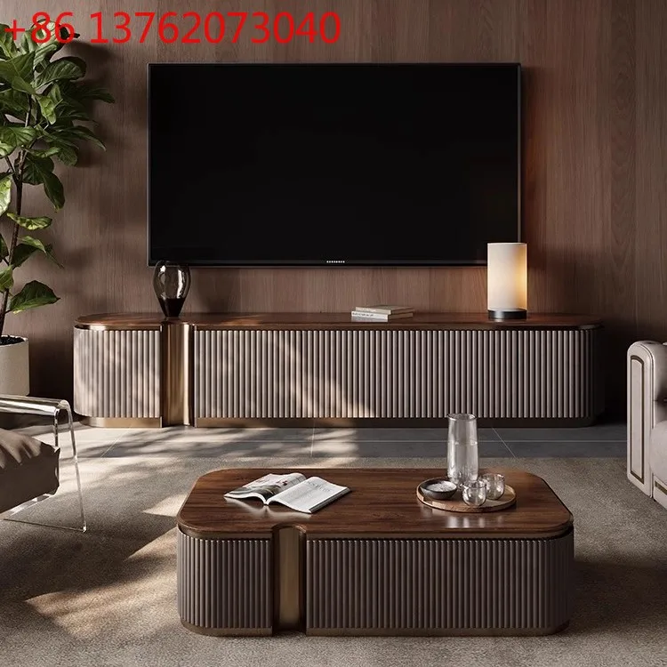 

Italian minimalist natural luxury stone TV cabinet Household black walnut TV cabinet