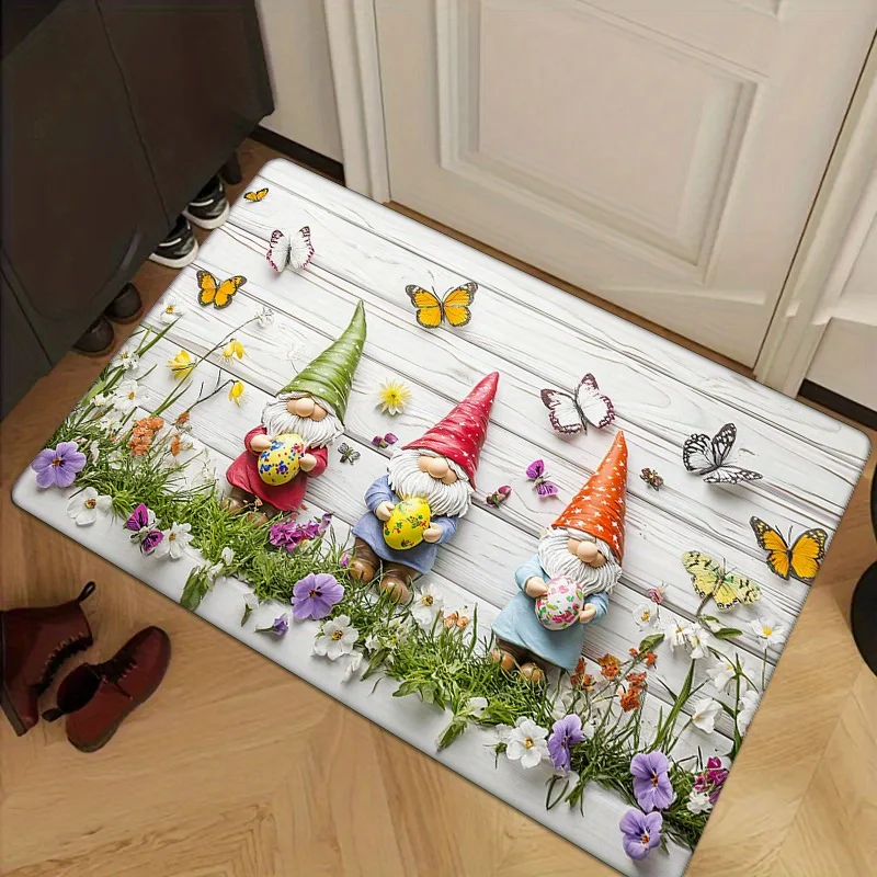 Easter Gnome Rectangular Area Rug Spring Flower Butterfly Egg Gnome Figure Graphic Floor Mat  Porch Seasonal Interior Decoration