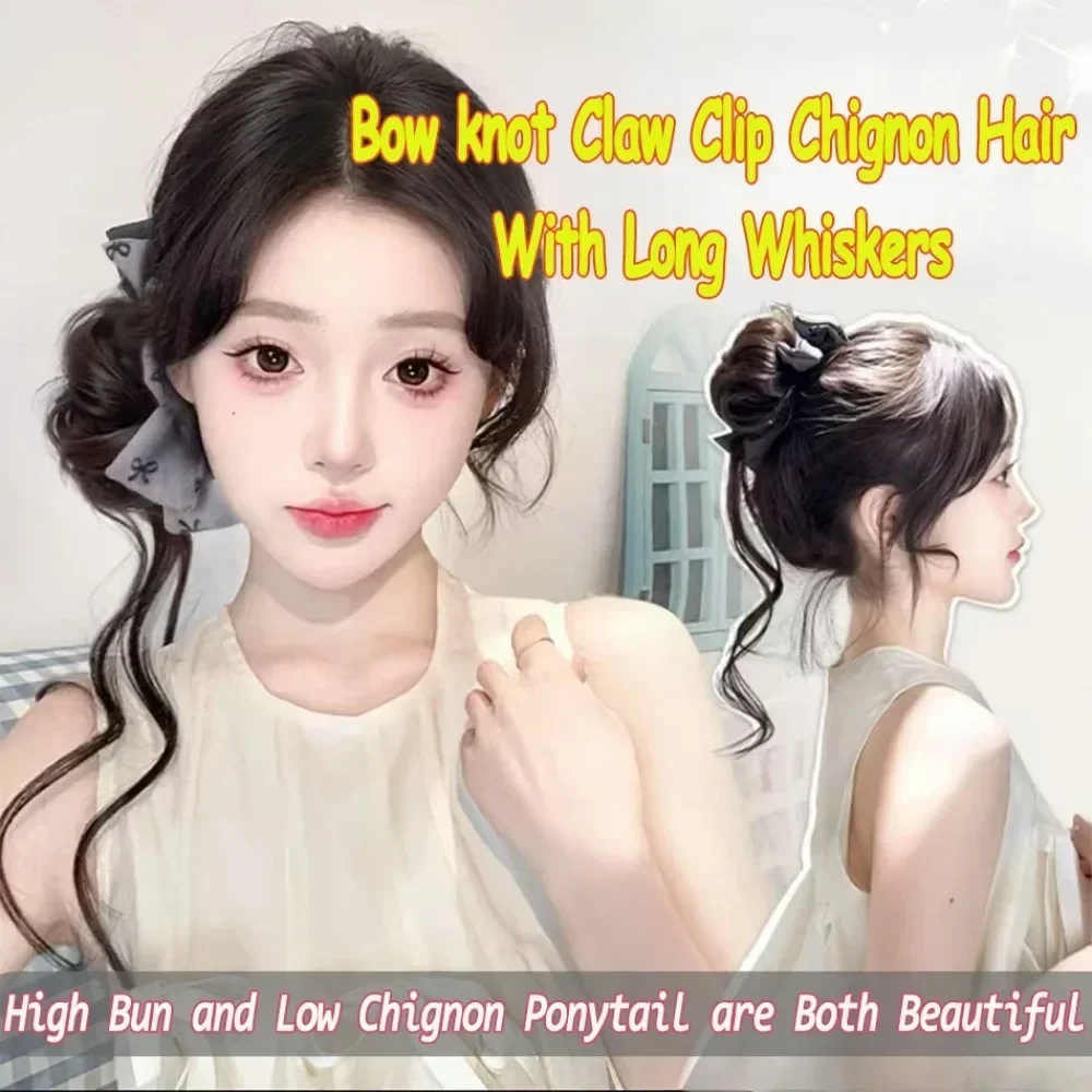 

With Bowknot Claw Clip Synthetic Wig Lazy Style With Long Curly Chignon Synthetic Hair Bun Daily Wear Ponytail Hairpieces Women