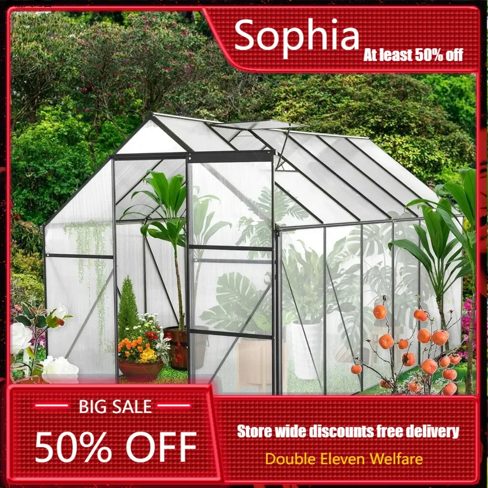 Polycarbonate Greenhouse with Raised Base and Anchor, Adjustable Roof, Aluminum Heavy-duty Walk-in Greenhouse Garden Buildings