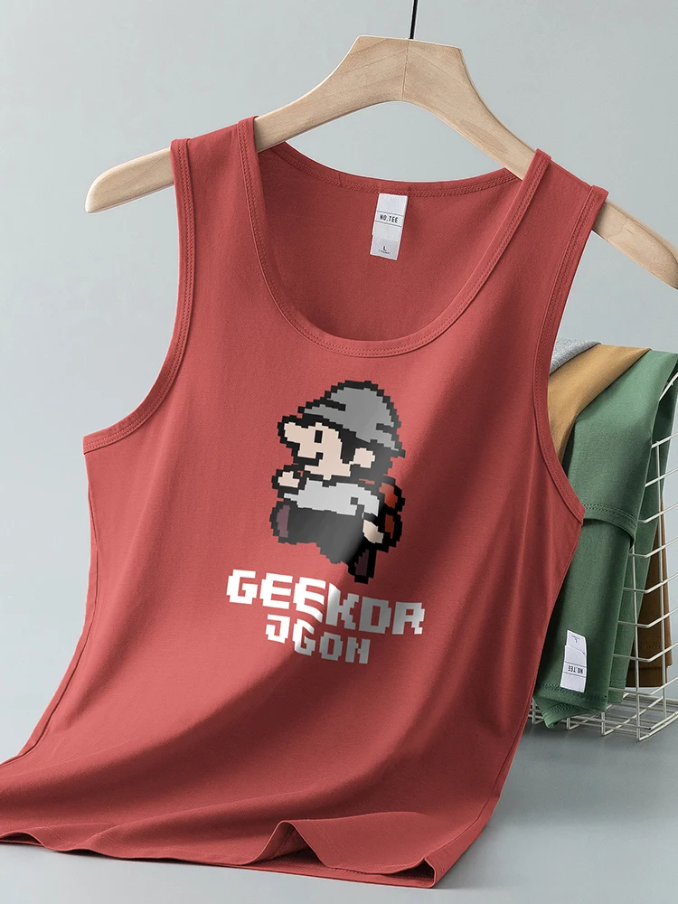 

Modal Ice Silk Tank Top Men Summer Fitn Sport Cool Qui Dry Strapl Pixel Print Svel T-irt round Ne Regular Fit