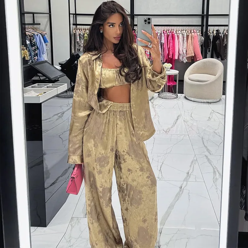 

Women Pant Set Three Piece Sets Turn Down Collar Full Sleeve Shirt Strapless Top Wide Leg Long Pants High Waist Y2k Streetwear