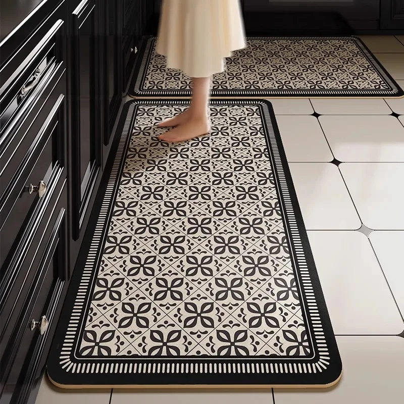 Kitchen Rug Vintage Home Decoration PVC Leather Washable Kitchen Floor Mat Oil-proof Dirty Resistant Easy Clean Kitchen Carpet